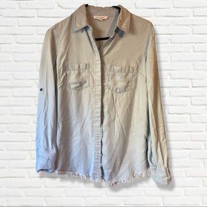 Lightweight Button-Up Pinstripe Shirt with Frayed Edges